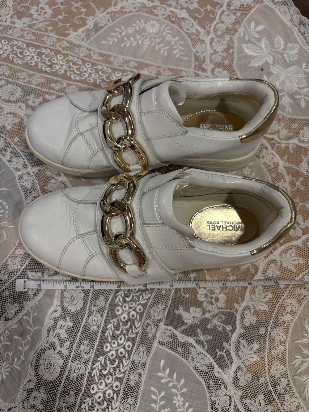 Michael Kors Kids White Leather Slip-On Sneakers with Gold Chain Detail